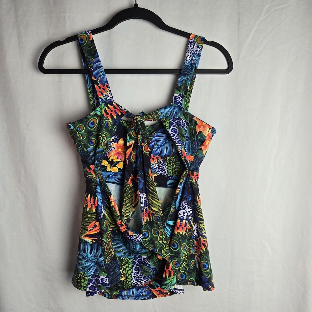 Dona Jo Tankini Top Size 2 Tropical Peacock Tie Back Maximalist Indie Art Beach - Picture 2 of 7